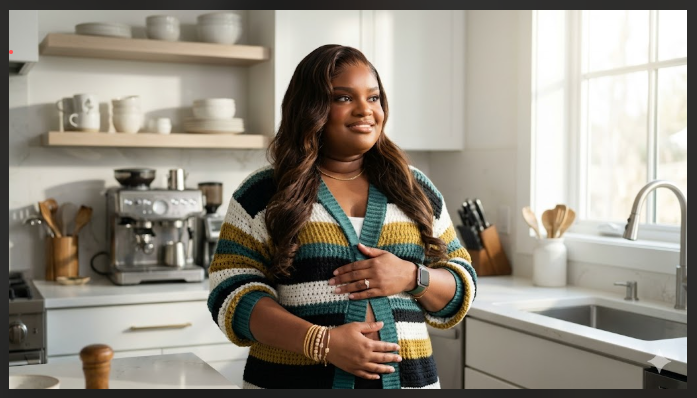 Woman looking relieved in a bright kitchen — that morning, for the first time in four years, I forgot to check my stomach.